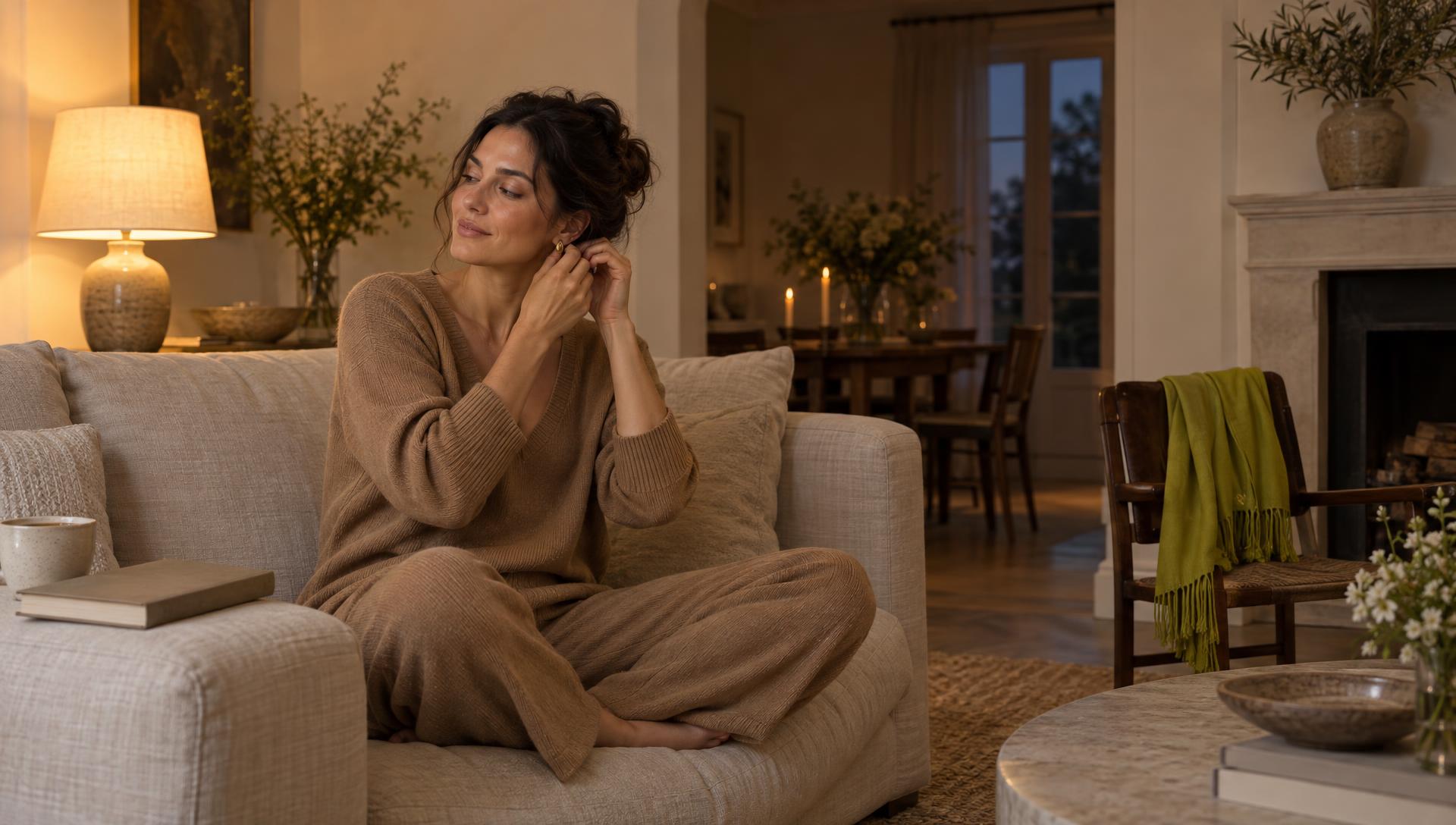A woman in a camel knit set fastening an earring on her sofa at dusk