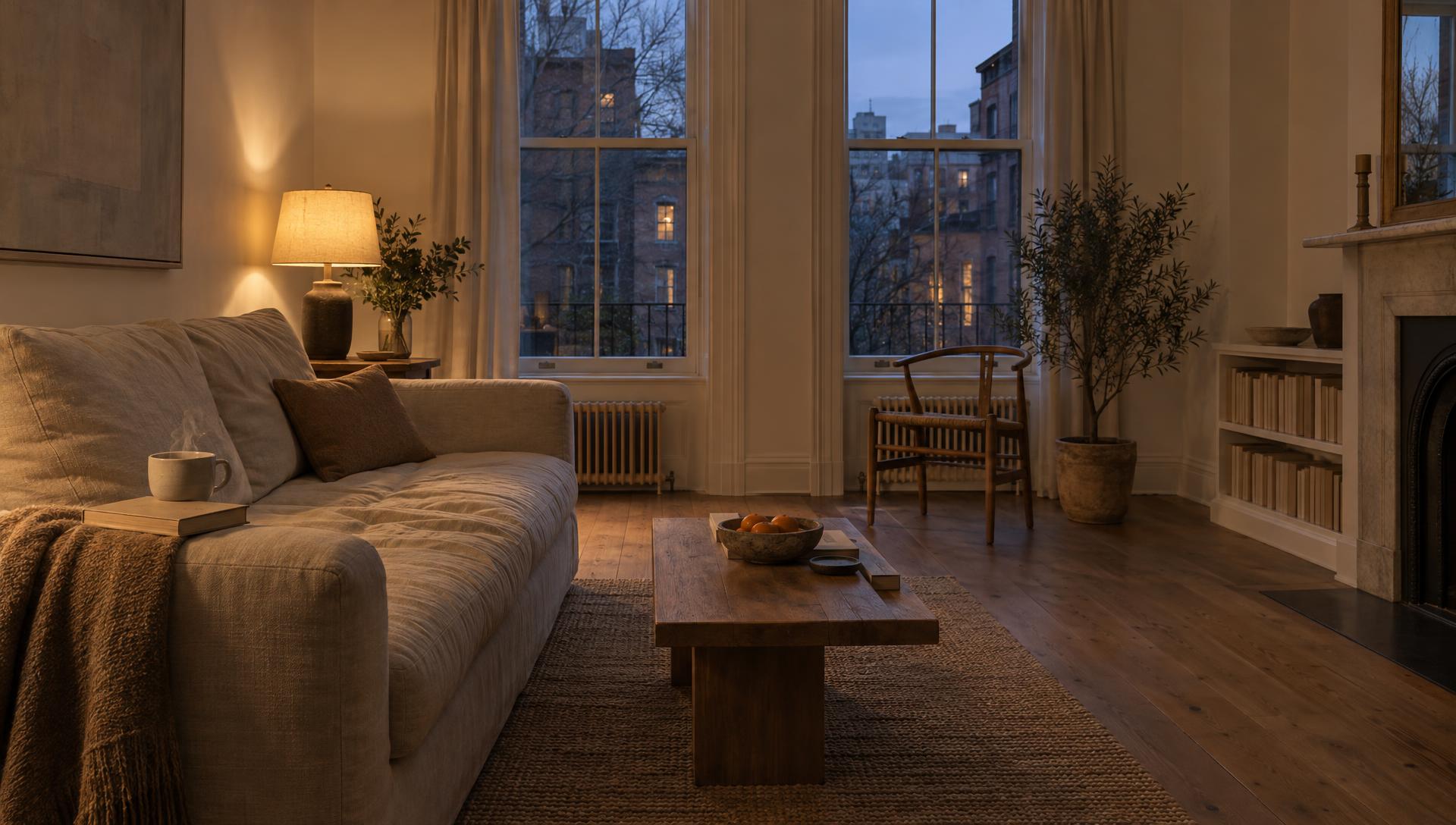 An empty living room at dusk, tea steaming on the sofa arm