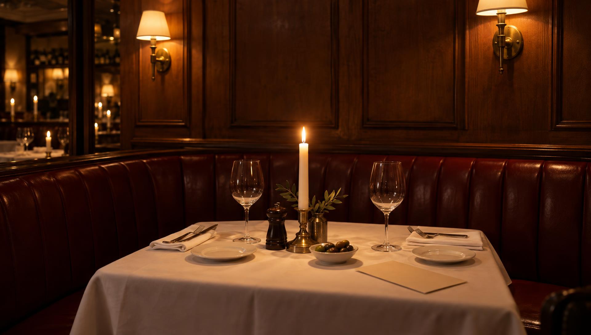 A candlelit restaurant banquette set for two