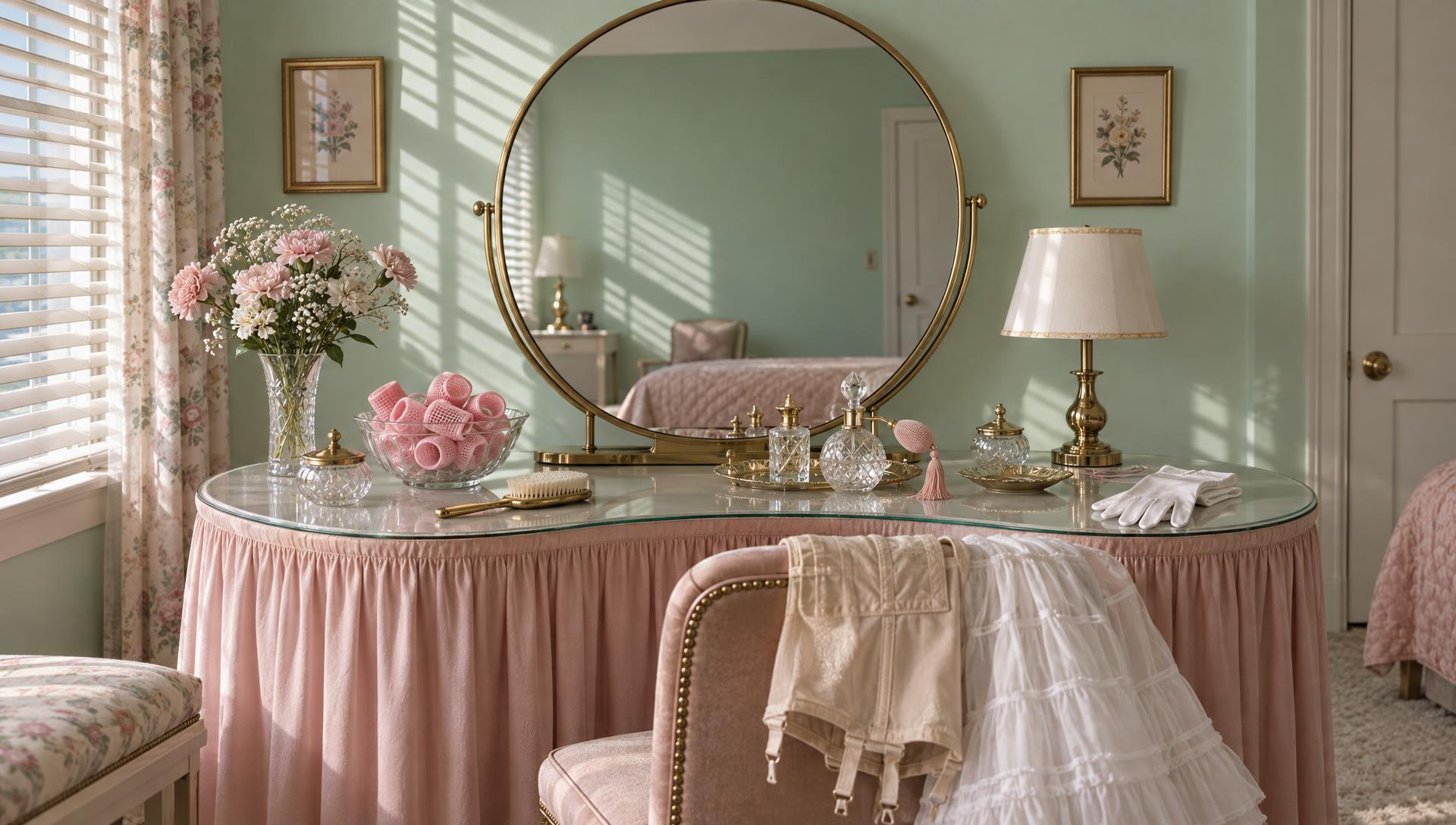 A pastel 1962 vanity with rollers and gloves