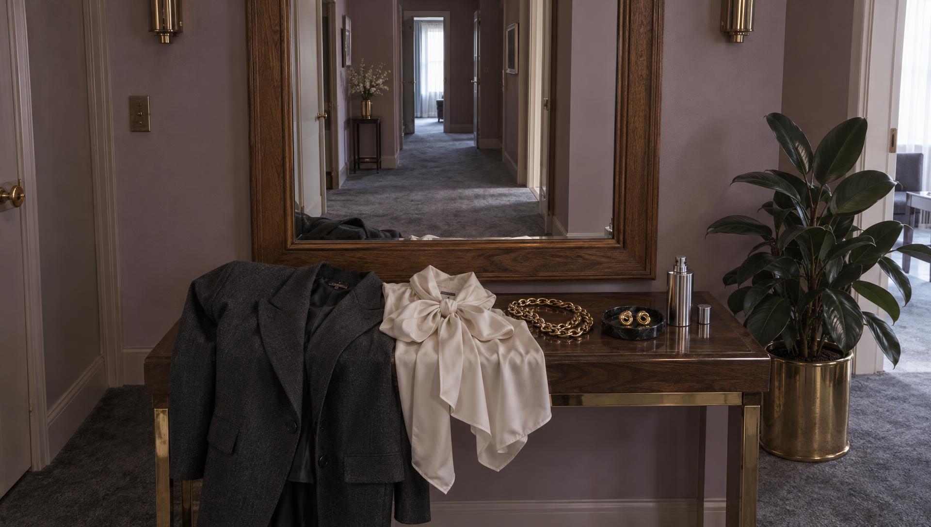 A 1987 hallway mirror with a padded power suit laid out