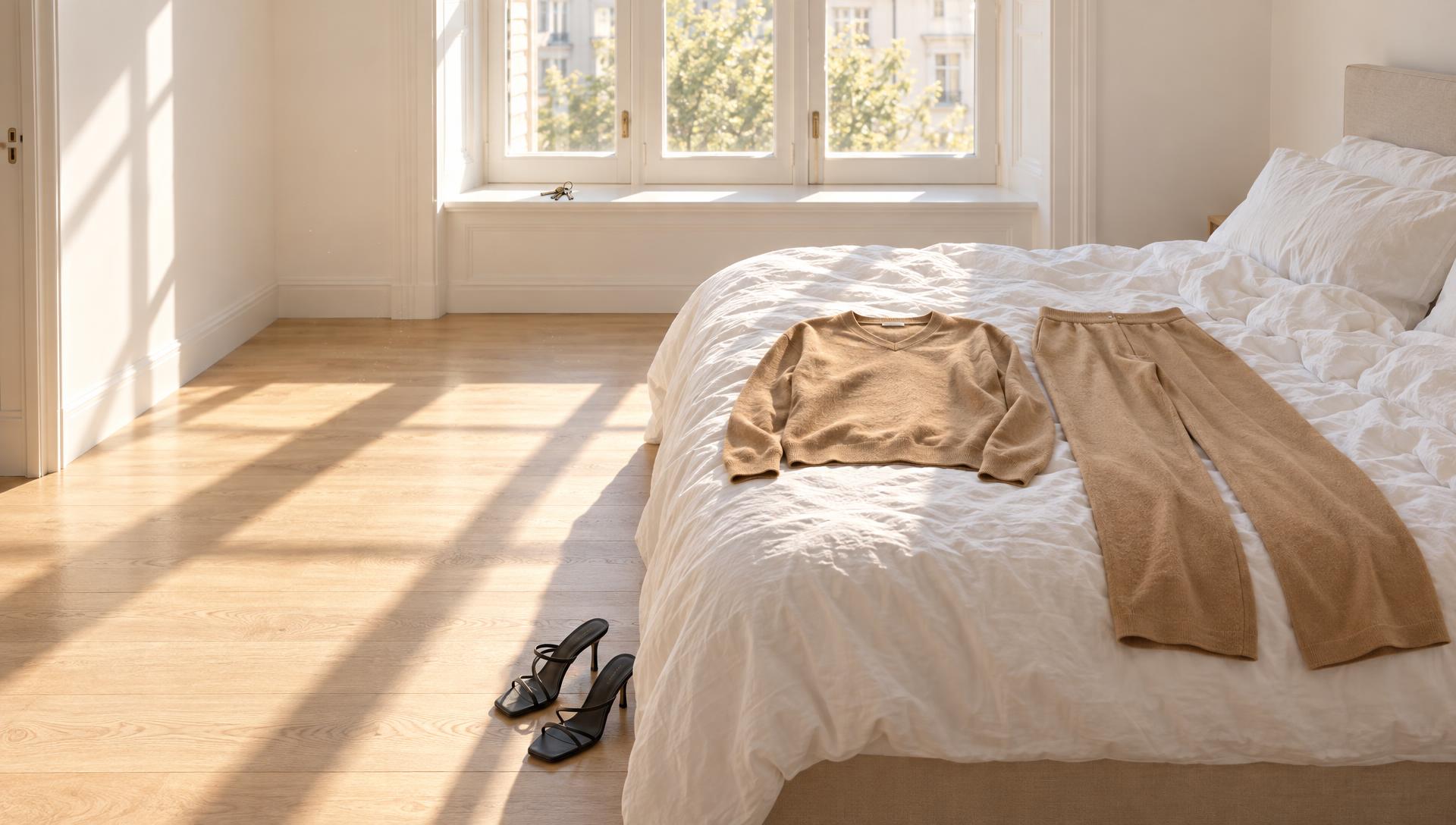 A bright morning bedroom with a camel knit set laid on the bed