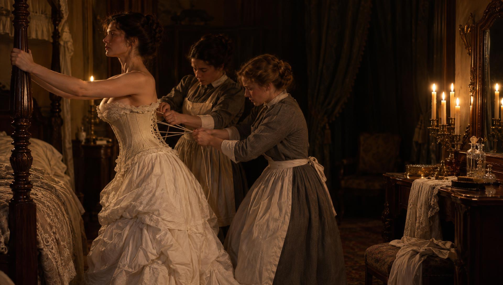 Two maids lacing a corset by candlelight in 1898