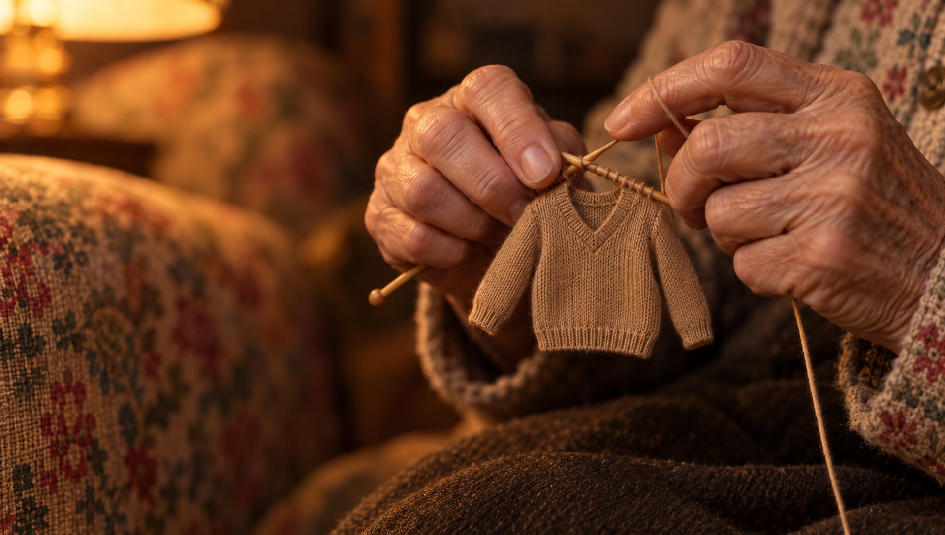 Elderly hands knitting a tiny camel V-neck sweater