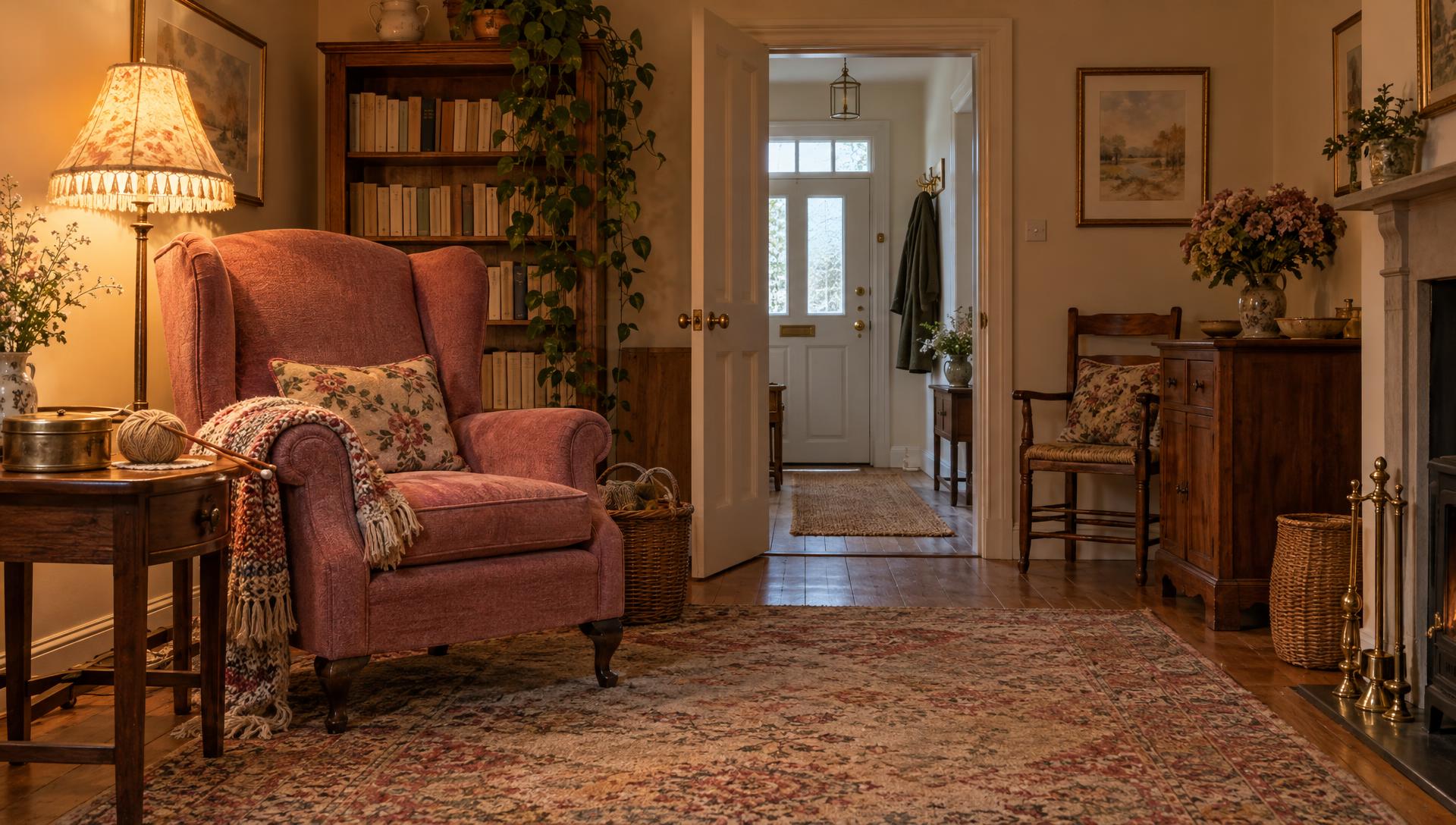 A grandmother's living room with an armchair and the front door beyond